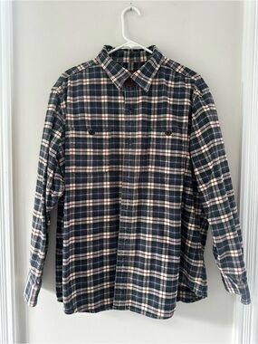 Orvis Men's Dark Green and White Plaid Flannel Shirt